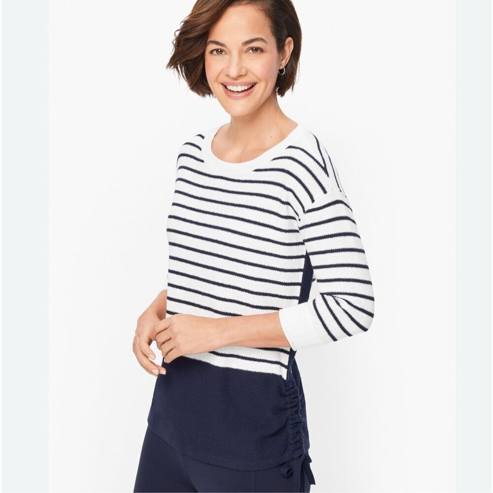 T By Talbots Navy White Striped Pique Ruched Crewneck Sweater Small Nautical Coa